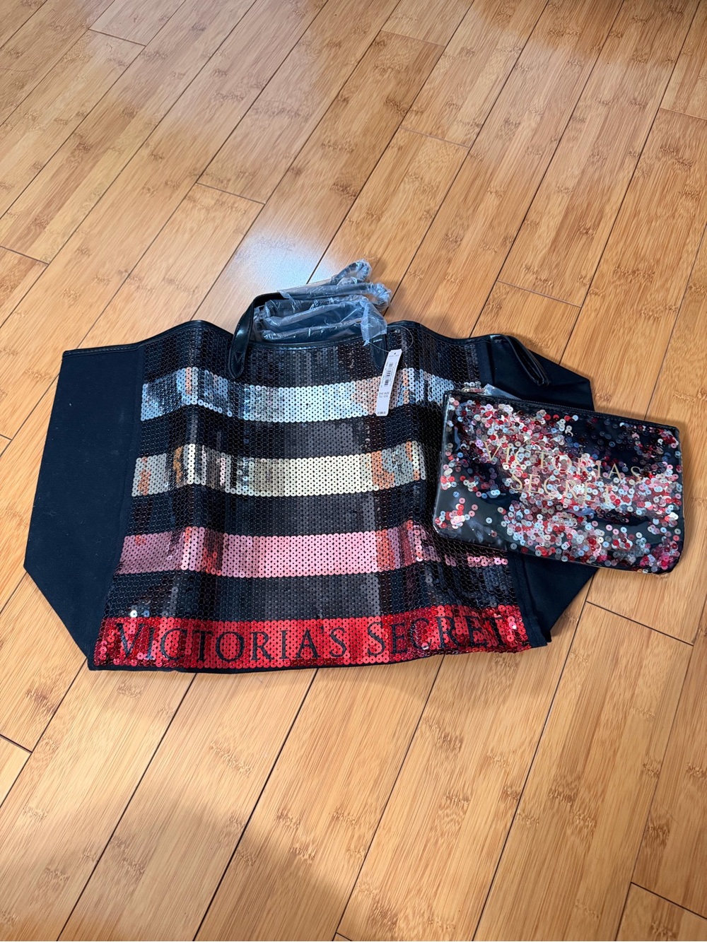 Victoria's Secret Sequin Stripe Tote and Pouch - Black Multi